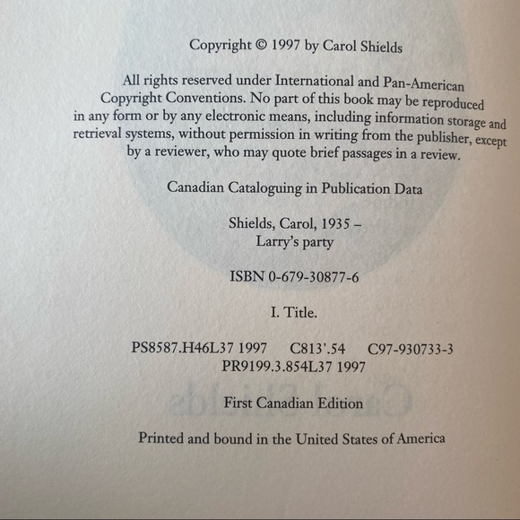 1st Canadian Edition 1987 Larry's Party by Carol Shields Hard Cover Book - Picture 3 of 5